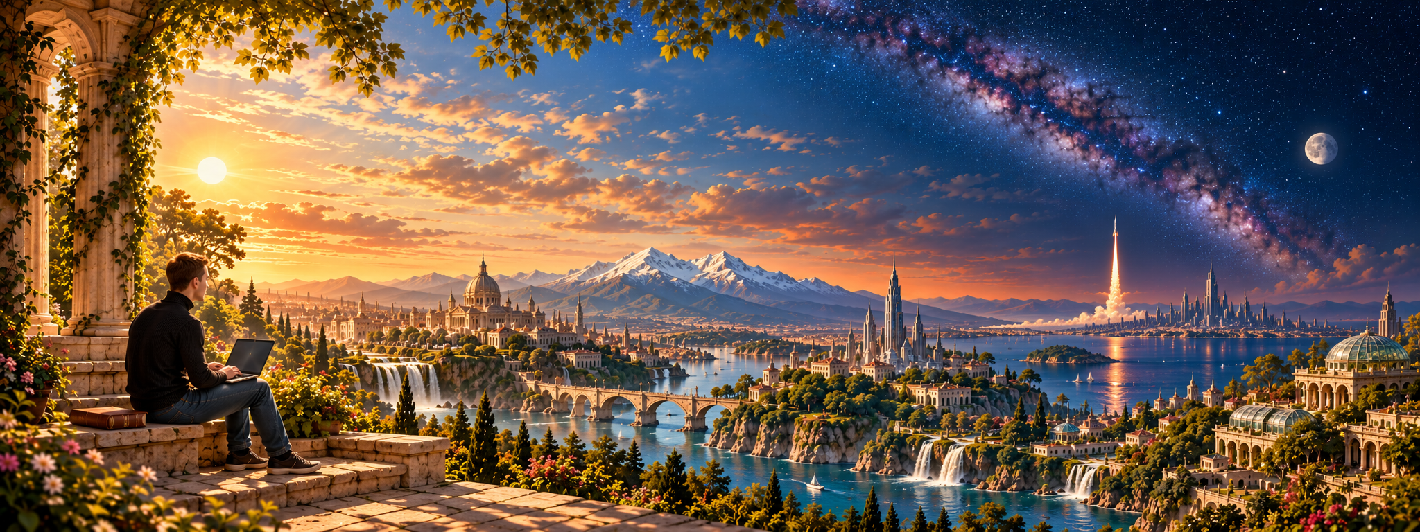 A reader with a laptop overlooking a green classical-futurist city transitioning from daylight to a starry sky, with a distant rocket launch.