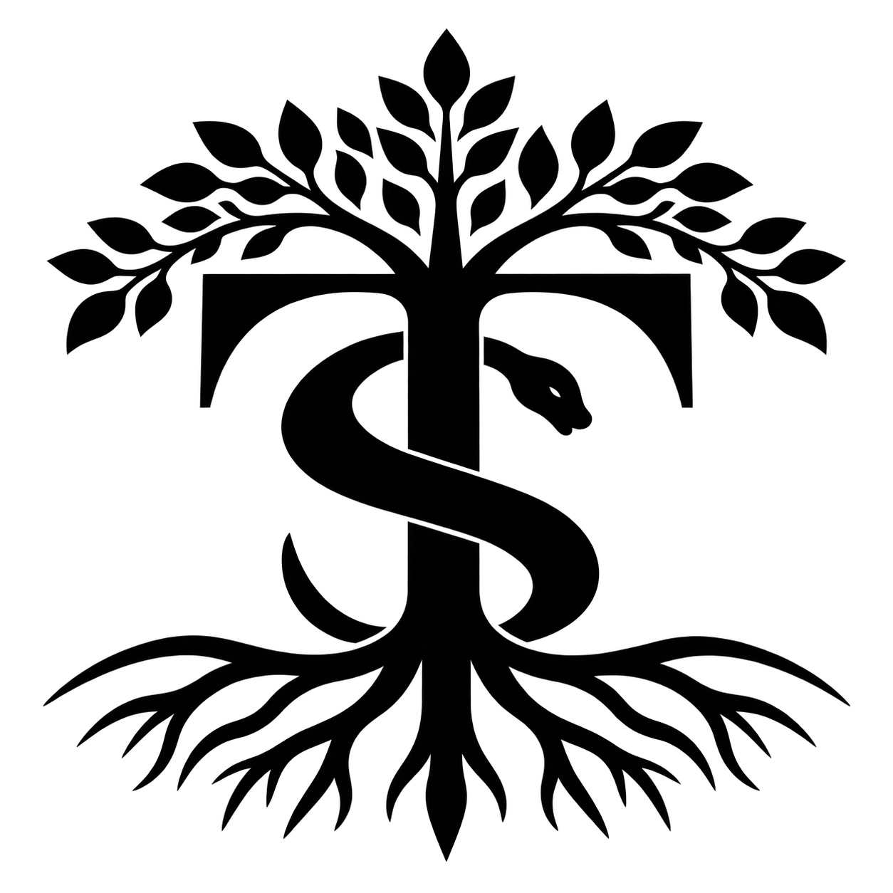 Black TS monogram combining a tree-shaped T with an entwined serpent-shaped S.
